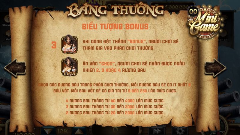 Kho báu Caribbe 9 Bảng thưởng đối với biểu tượng Bonus