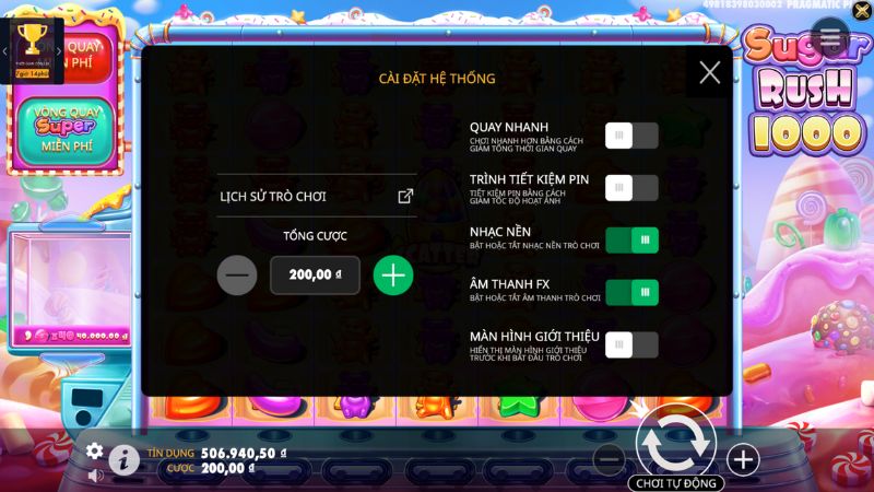 Sugar Rush 13 Điều chỉnh cược trên cài đặt hệ thống
